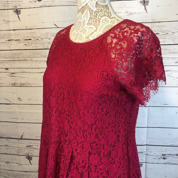 Free people lace magenta dress with open back, scalloped sleeves and hem size XS - Picture 6 of 13